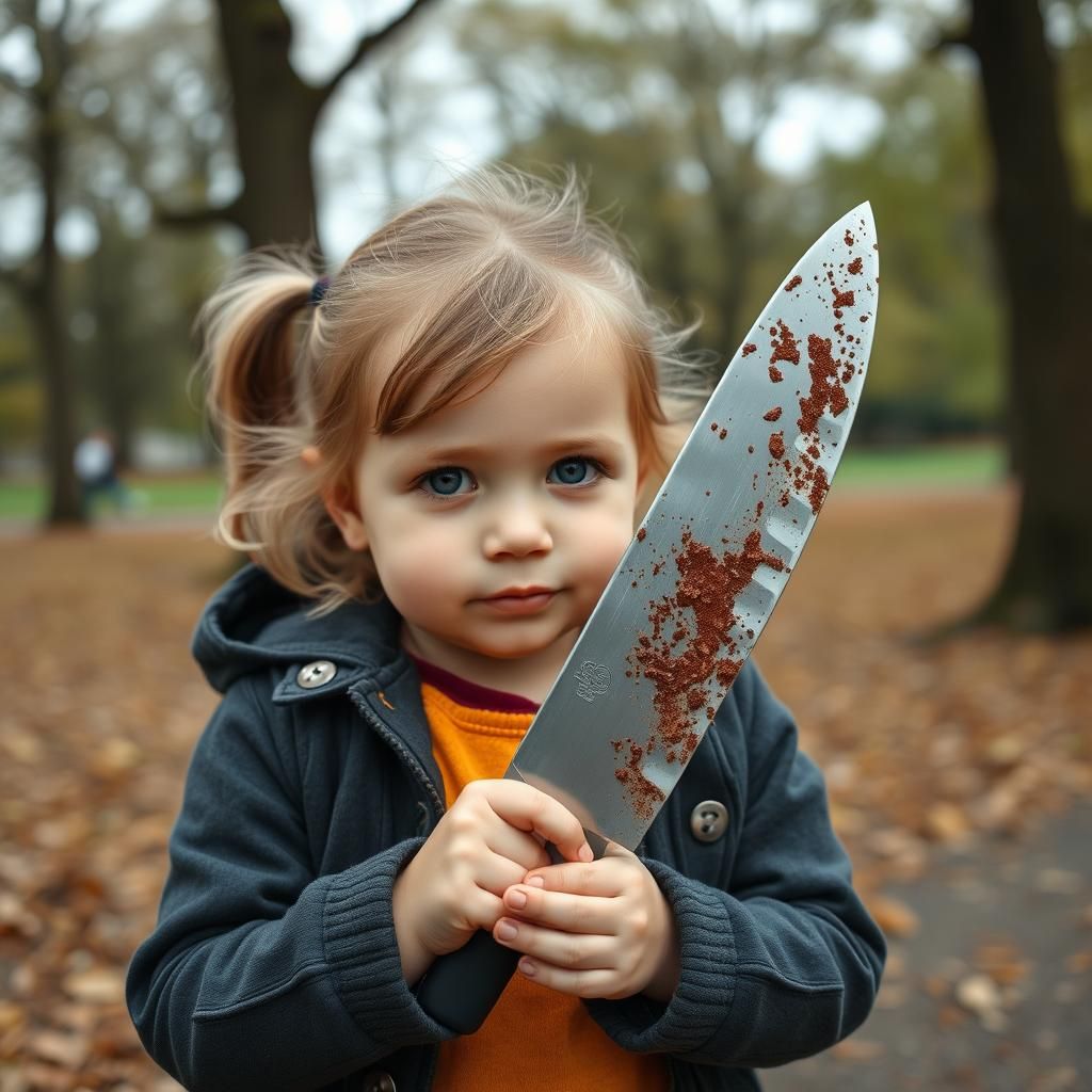 Little Girl Holding Knife in Park Scene
