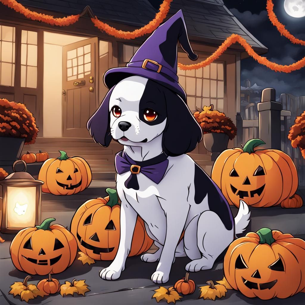 Dog with Halloween Decor in Anime Style