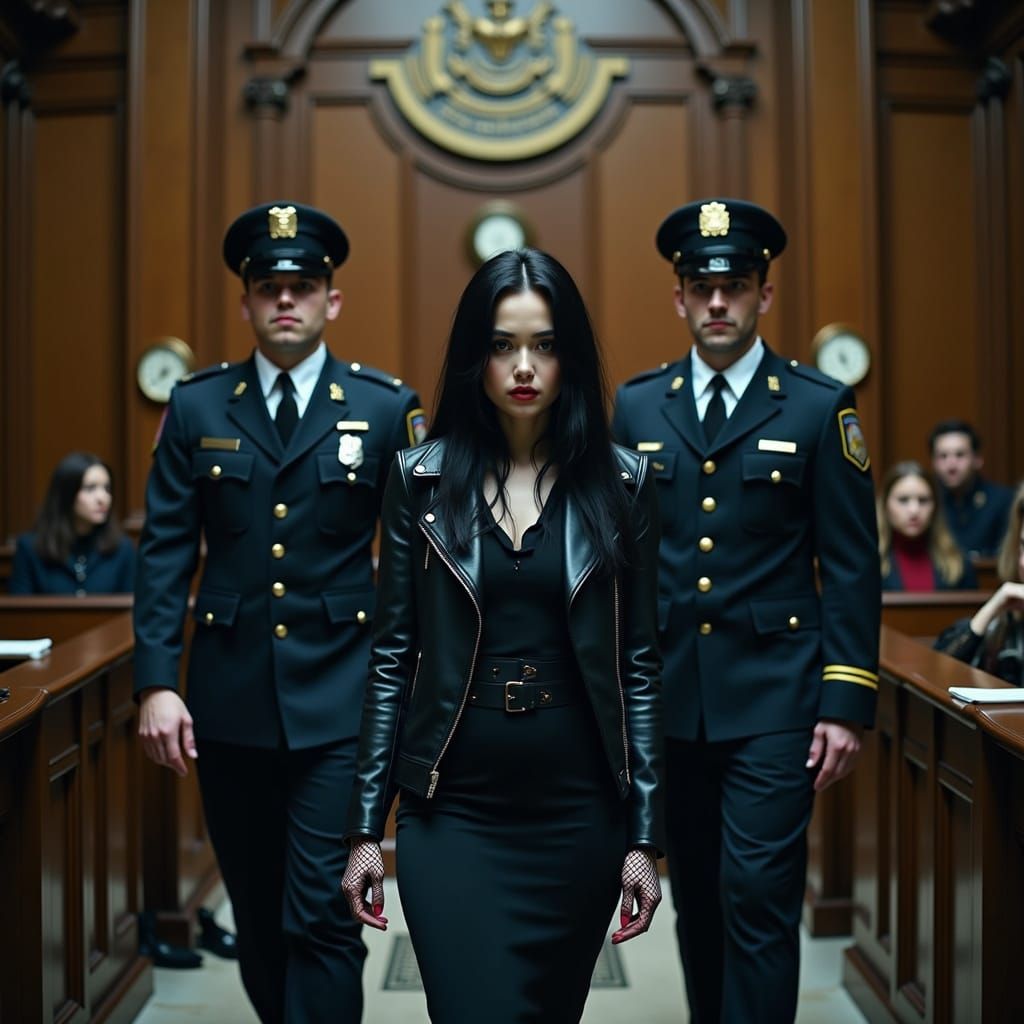 Goth Girl Approaches Judge, Flanked by Police