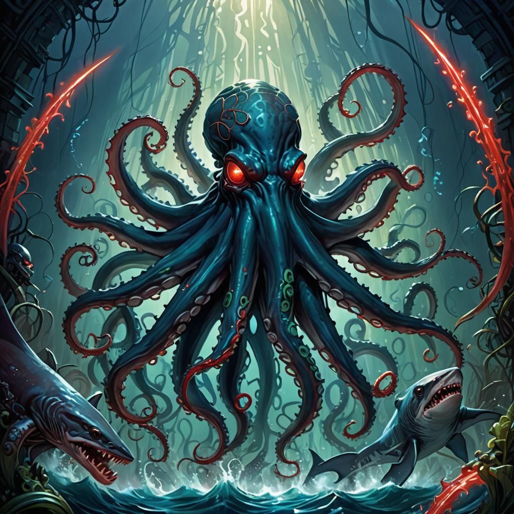Fantasy Octopus Attacks Sharks with Laser Beams