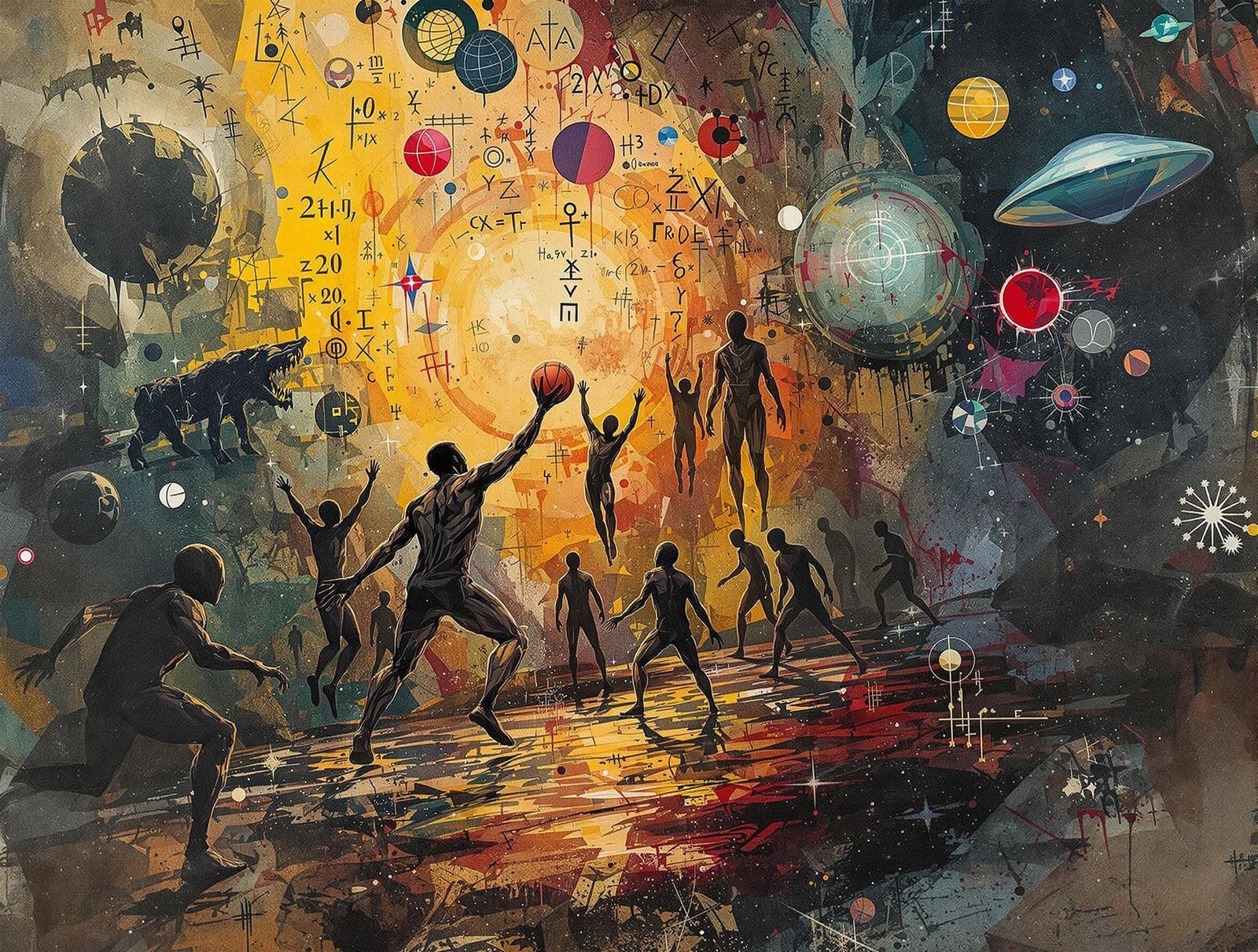 Abstract Expressionist Basketball Game with Mythical Element...