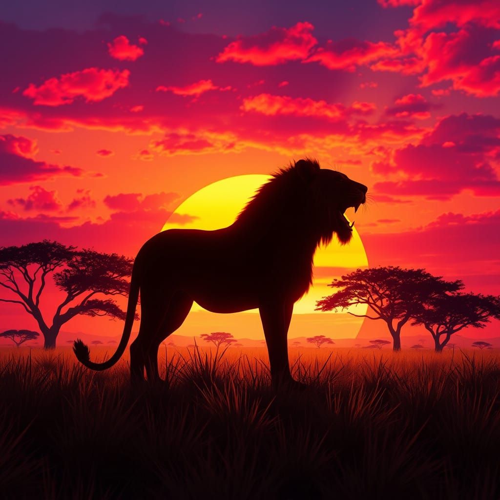 Majestic Lion Silhouette Against Vibrant Savannah Horizon
