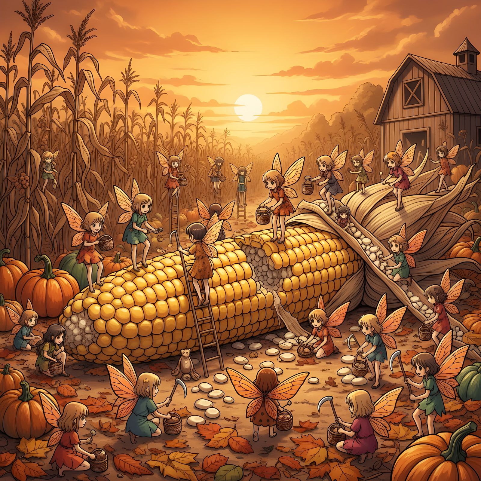 Fairy Girls Harvesting Giant Corn Kernels in Anime Style