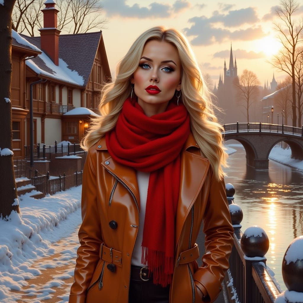 Woman in Red Scarf by River in Dreamy Light