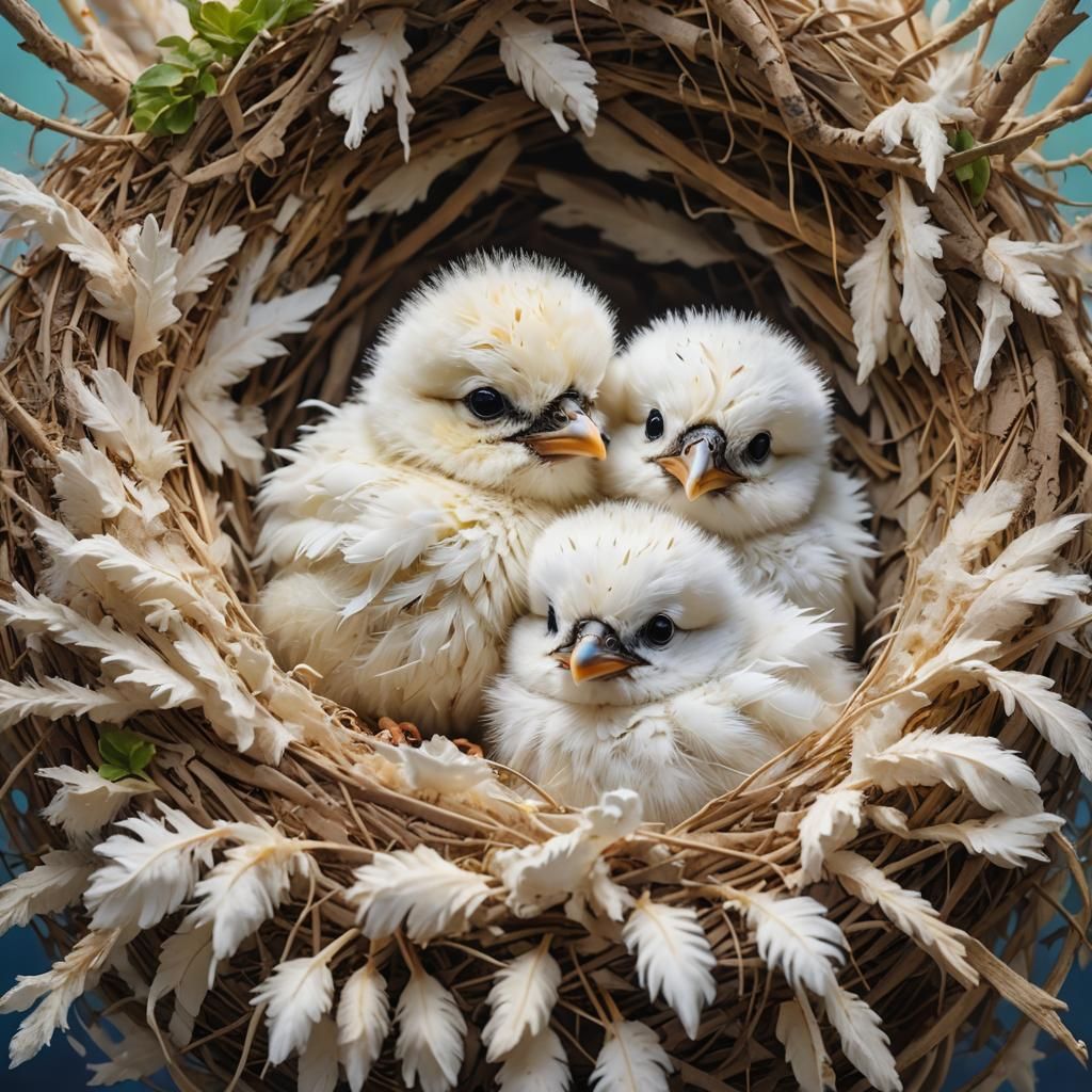 Fluffy Bird Chicks Cuddling in Nest: Hyperrealistic Art