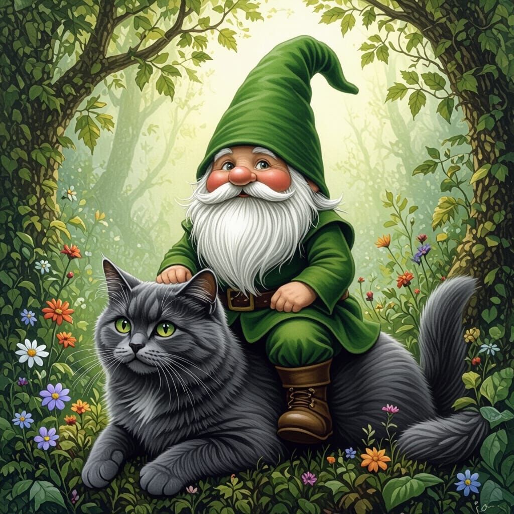 Gnome Riding a Cat in Enchanted Forest
