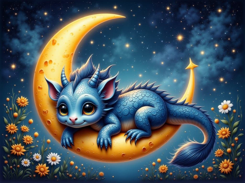 Chibi Dragon Basks on Crescent Moon