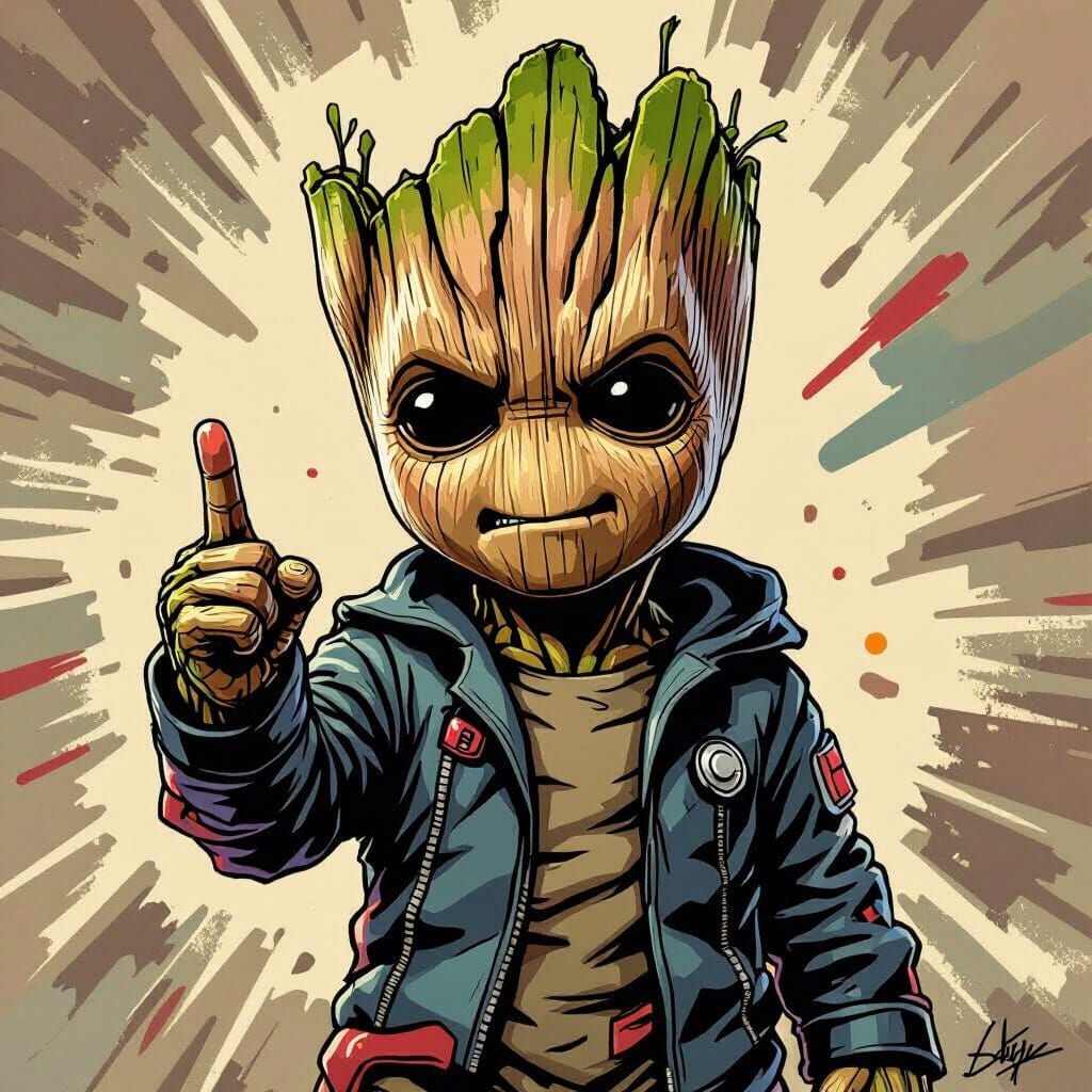 Angry Baby Groot Gives Middle Finger in Marvel Comic Style