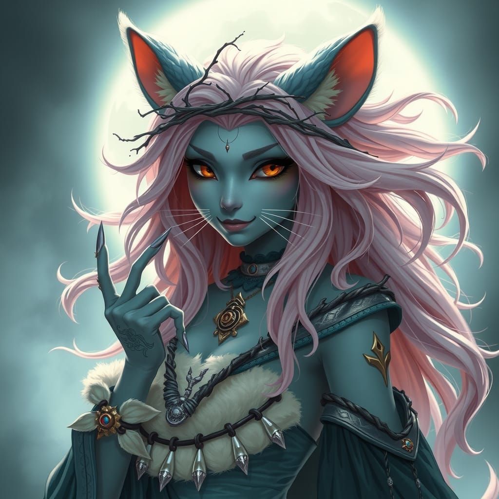 Surreal Goddess of Lunar Mysticism with Feline Features