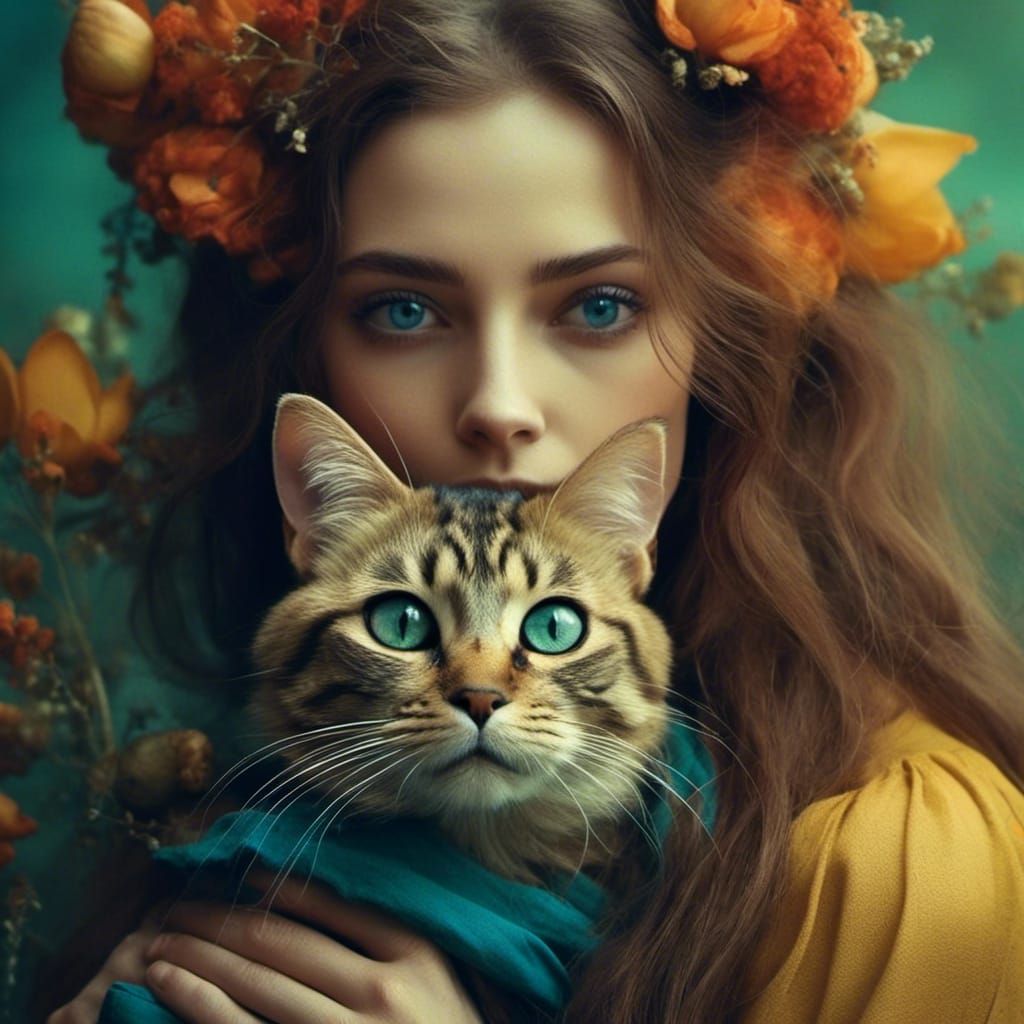 Woman with Cat in Dreamlike Portrait