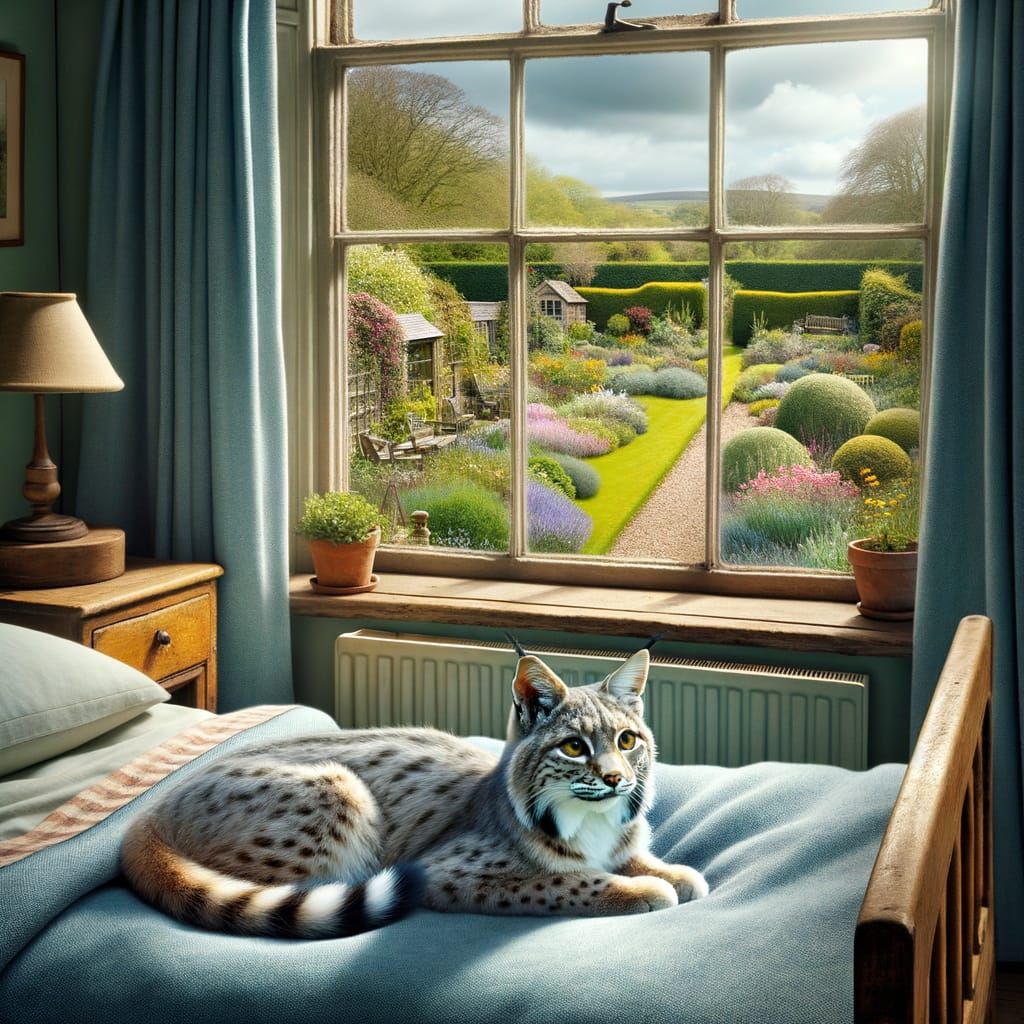 Bobcat Contemplates English Garden View Through Bedroom Wind...