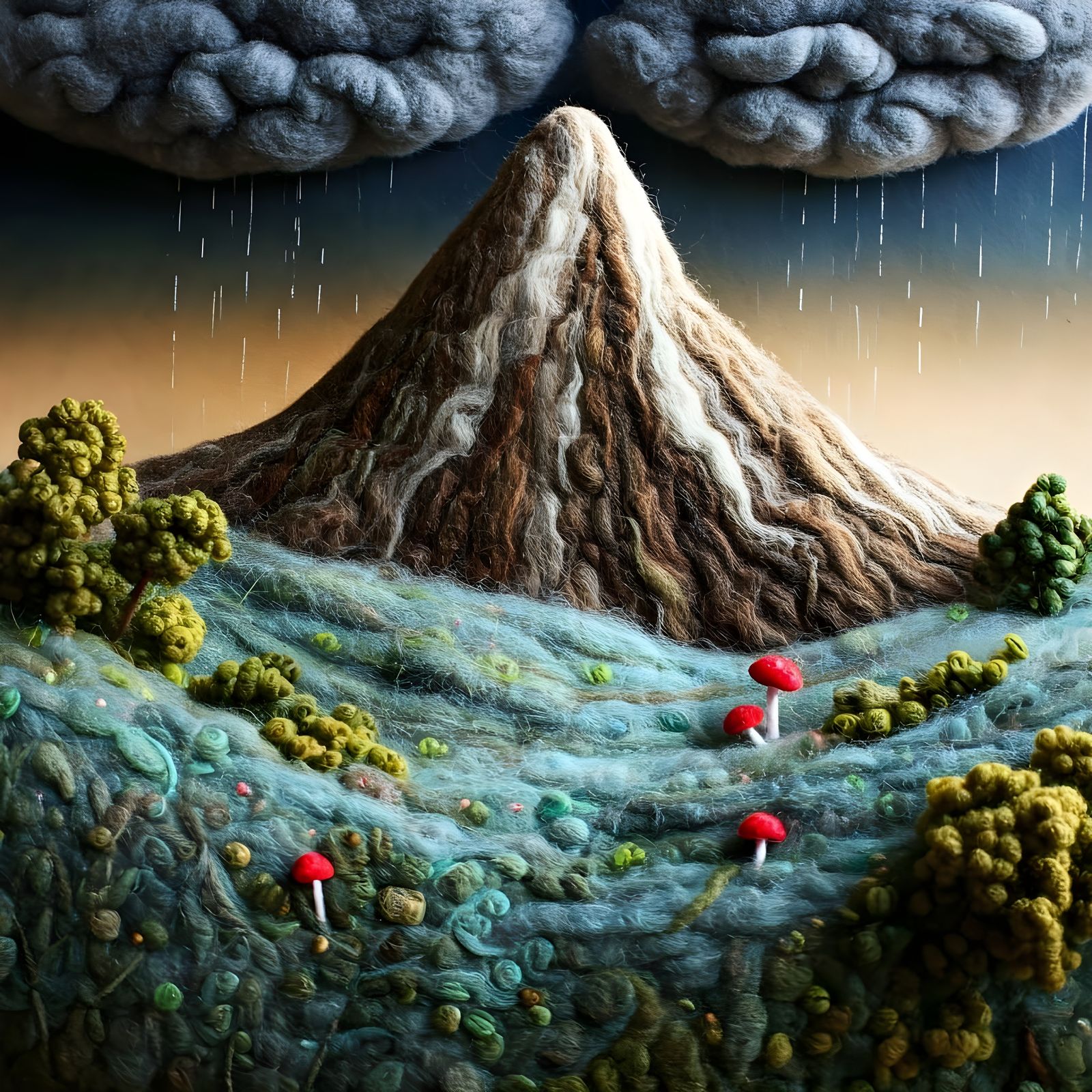 Woolen Wonderland with Felted Mountains and Mystical Mushroo...