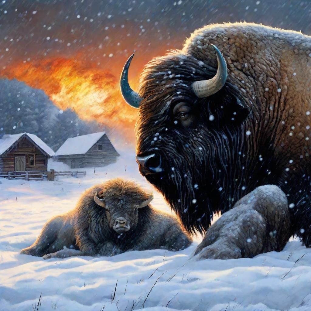 Buffalo Protects Child in Snowstorm Fantasy Scene