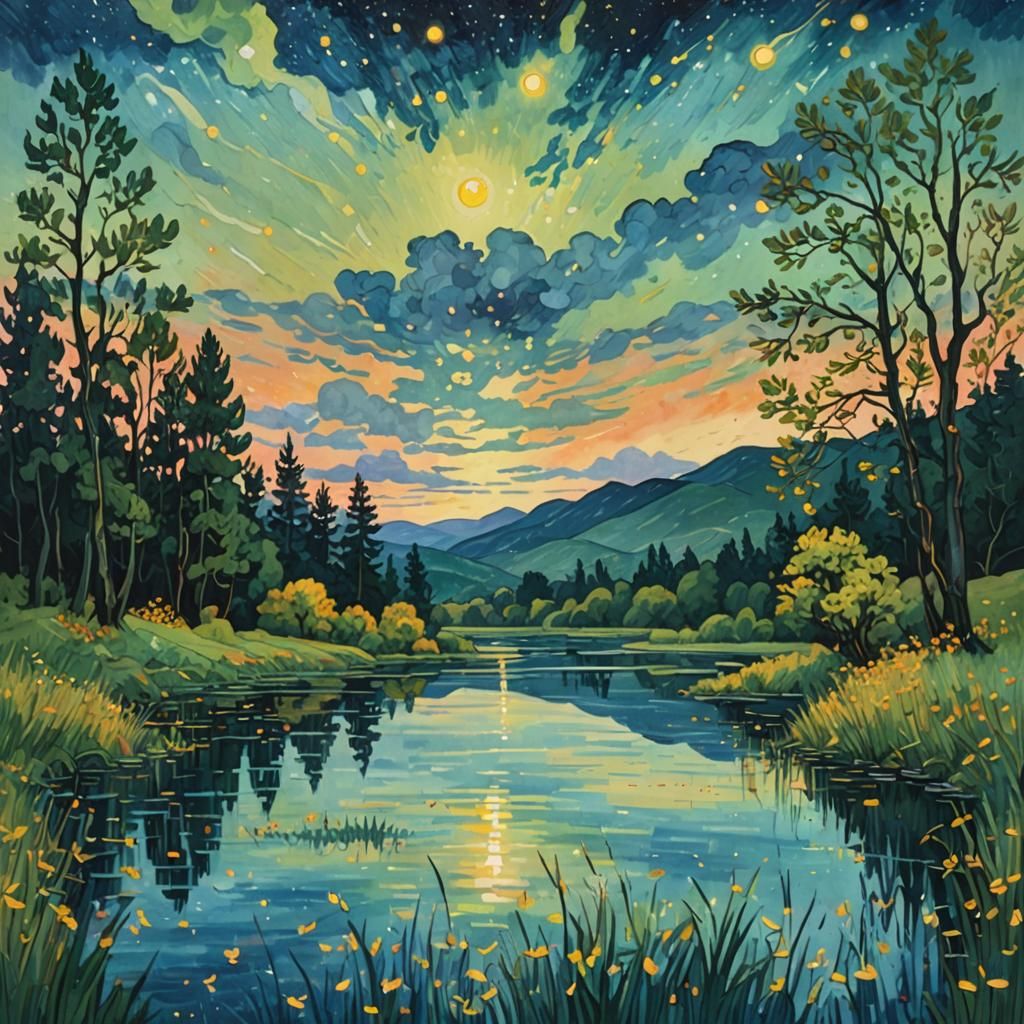 Mystical Lake Reflects Twilight Landscape, in Post-Impressio...