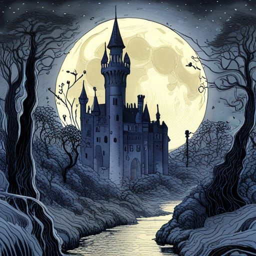 Ancient Castle with Full Moon in Art Nouveau Style