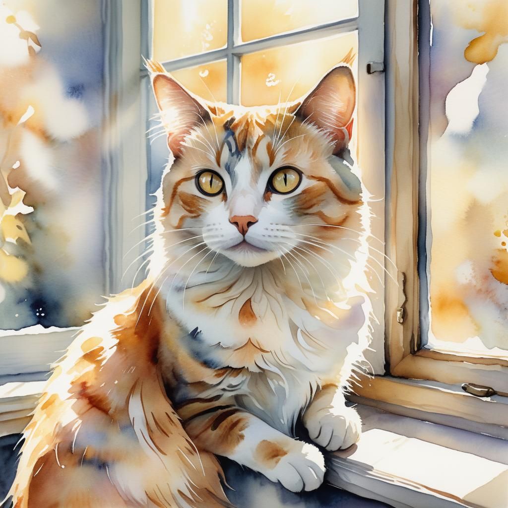 Curious Cat Portrait in Whimsical Watercolor Style