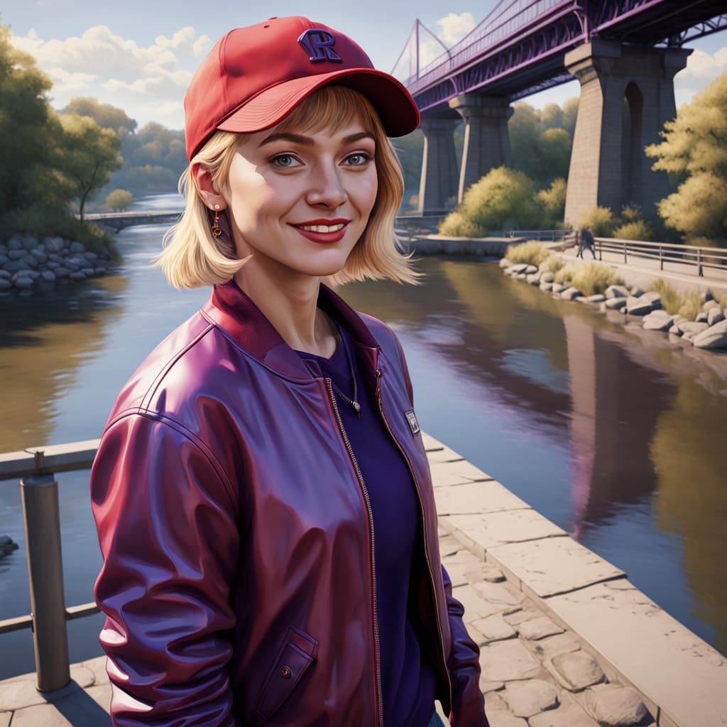 Vibrant Portrait of a Young Woman in a Riverbank Setting, in...