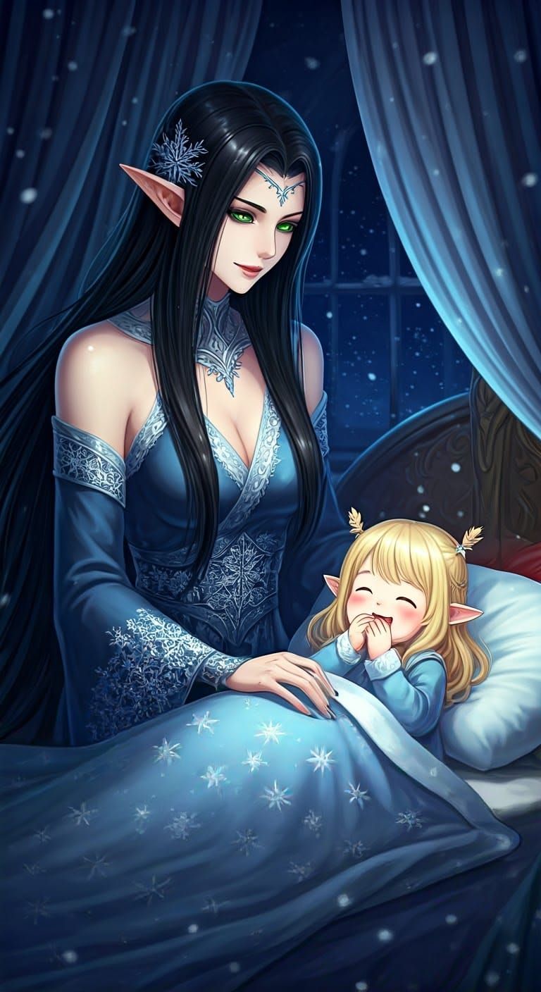 Majestic Anime Elf Mother Shares Whimsical Tales with Joyful...