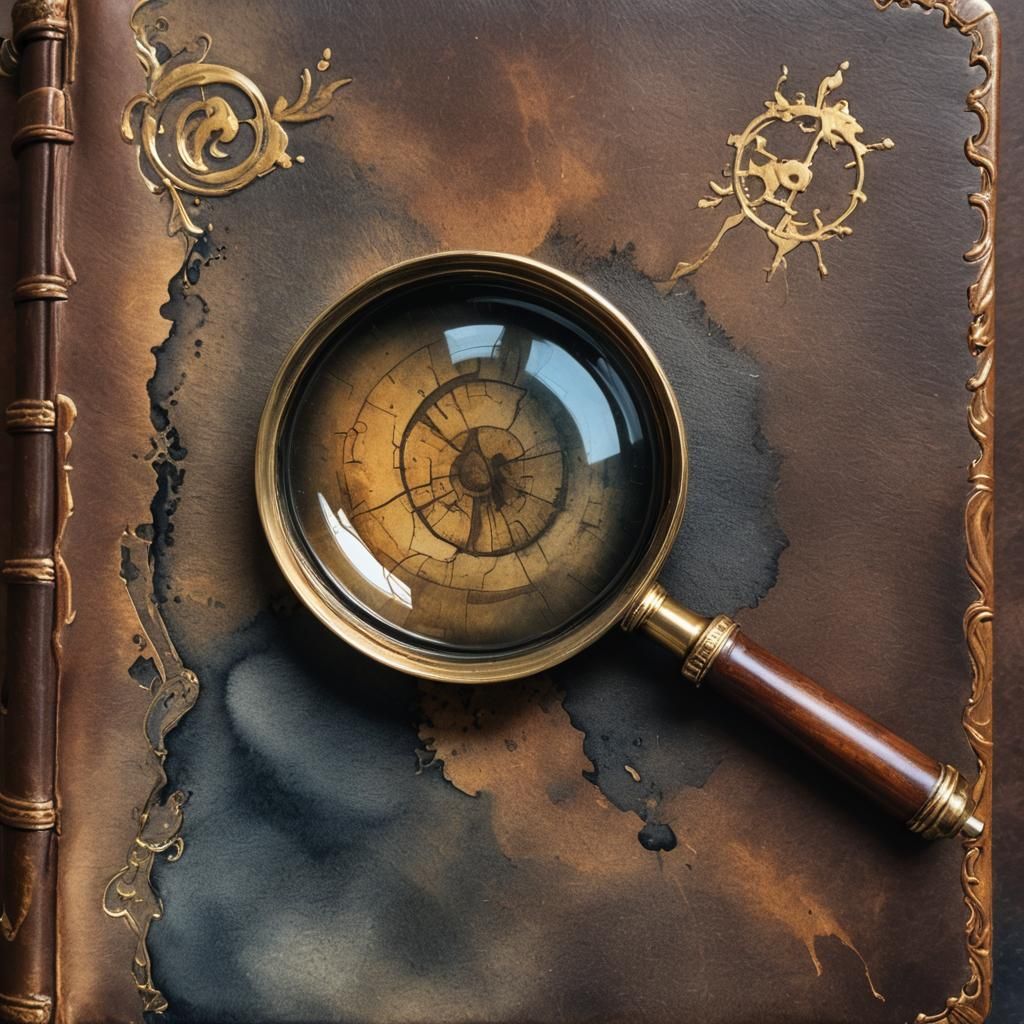 Magnifying Glass on Leather Book in Watercolor