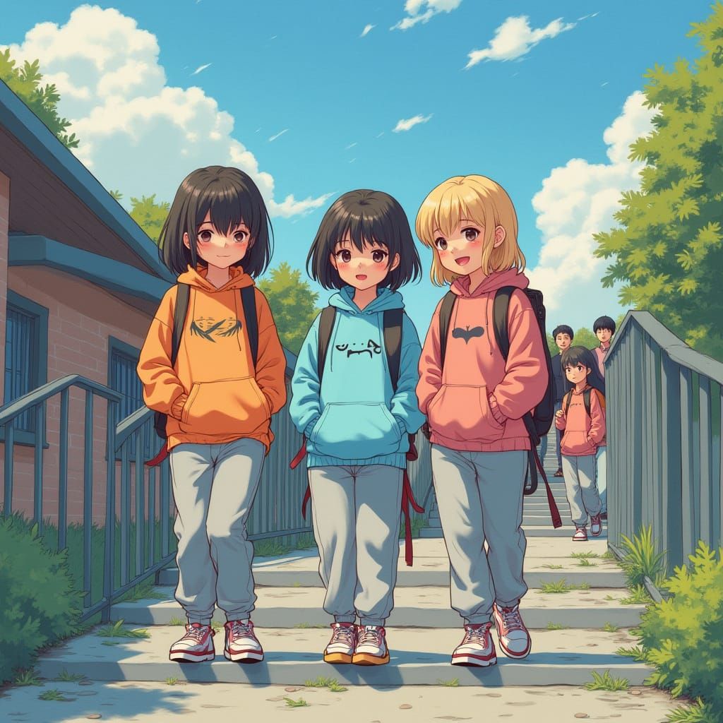 Girl and Friends Arriving at School in Pop Art Style