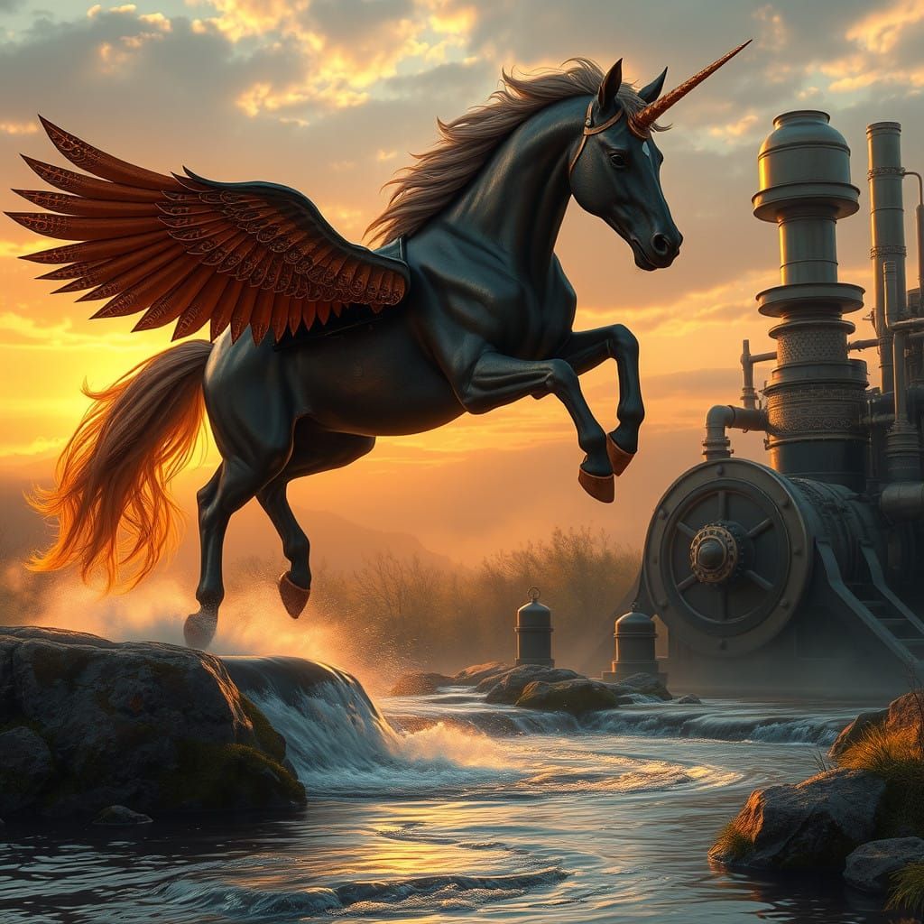 Majestic Bronze Unicorn Jumps Over Crystal Brook