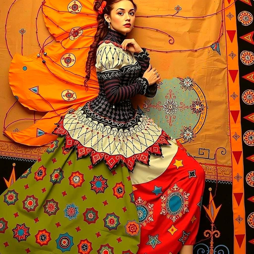 Eccentric Geometric Harlequin in Vibrant Vermillion and Blue...