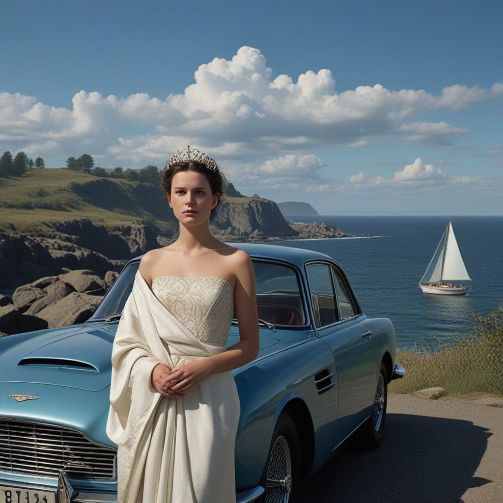 Elegant Woman Stands Beside Vintage Car on Mountain Precipic...