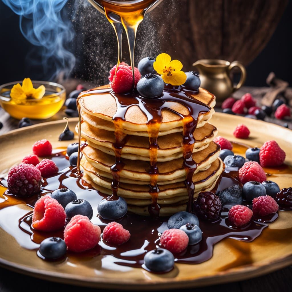 Pancakes with Glowing Berries in Surreal Style