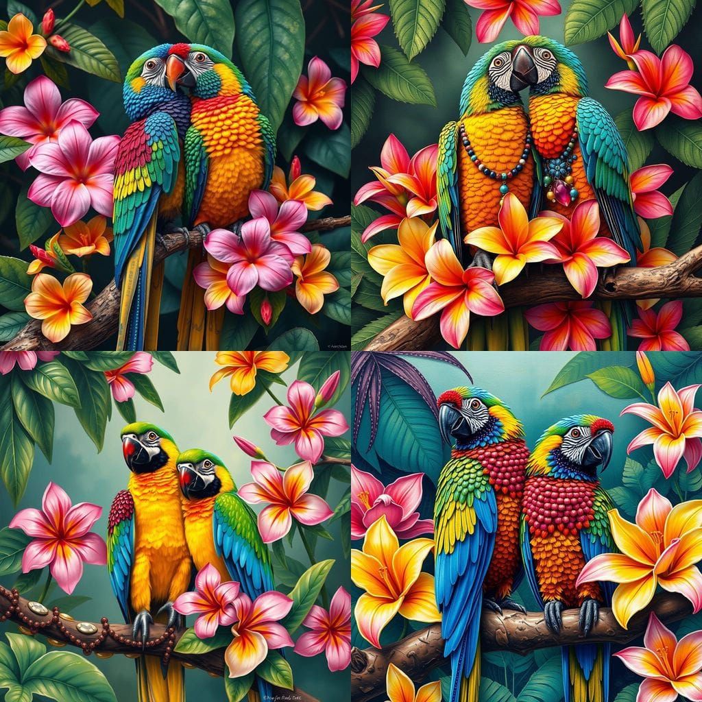 Beaded Parrot Couple in Tropical Setting
