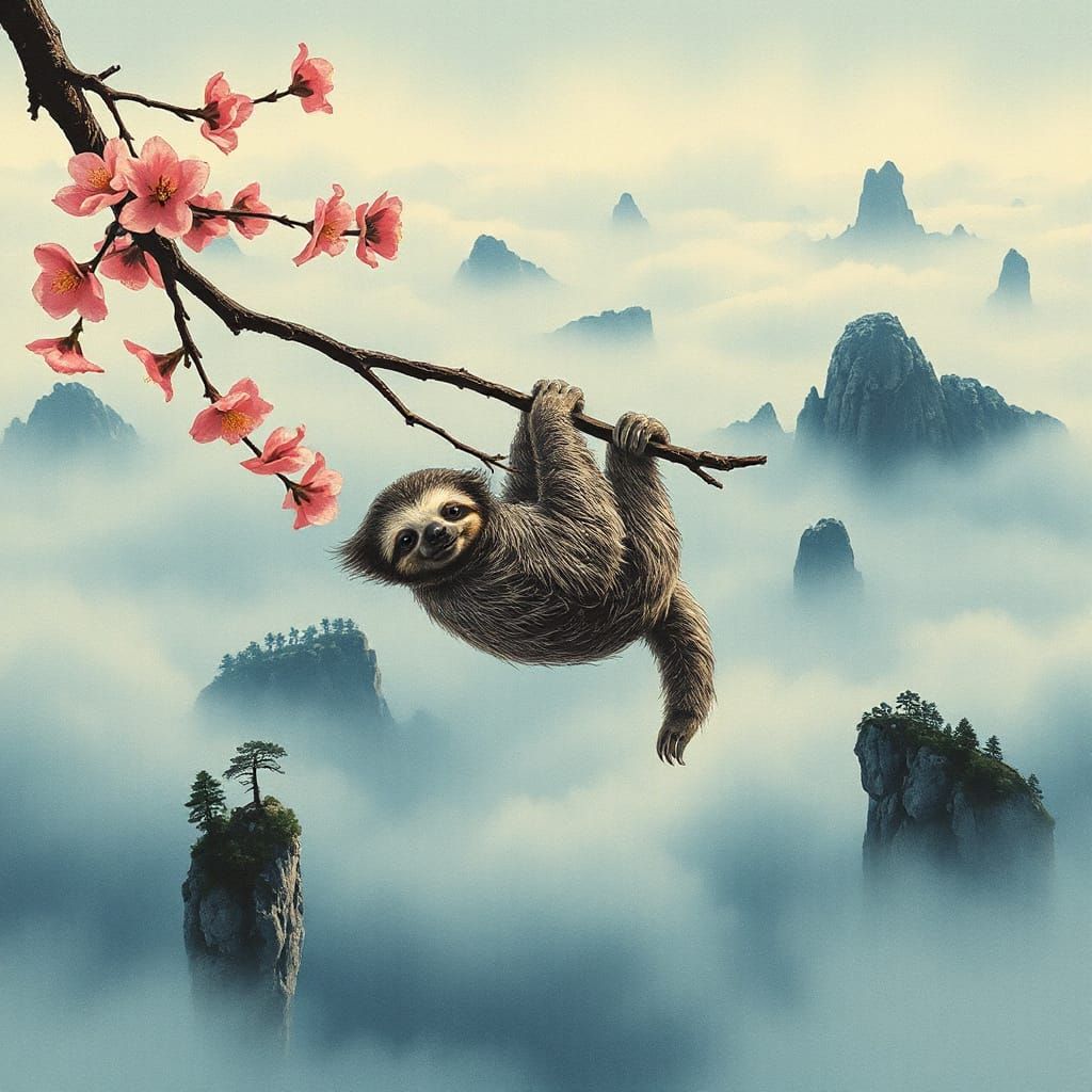 Sloth in Japanese Ink Painting Style on Sakura Branch