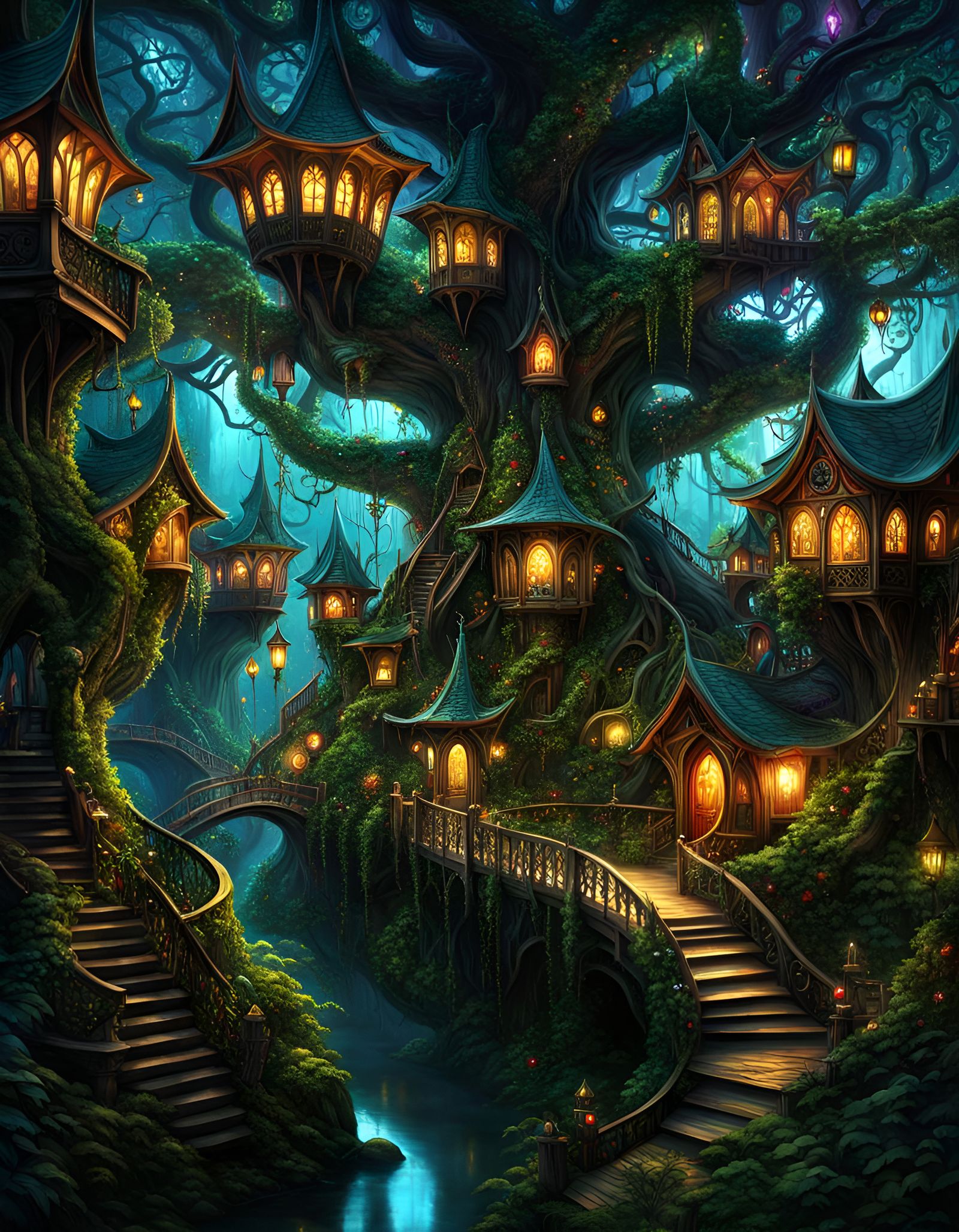Enchanted Elven Tree City at Night