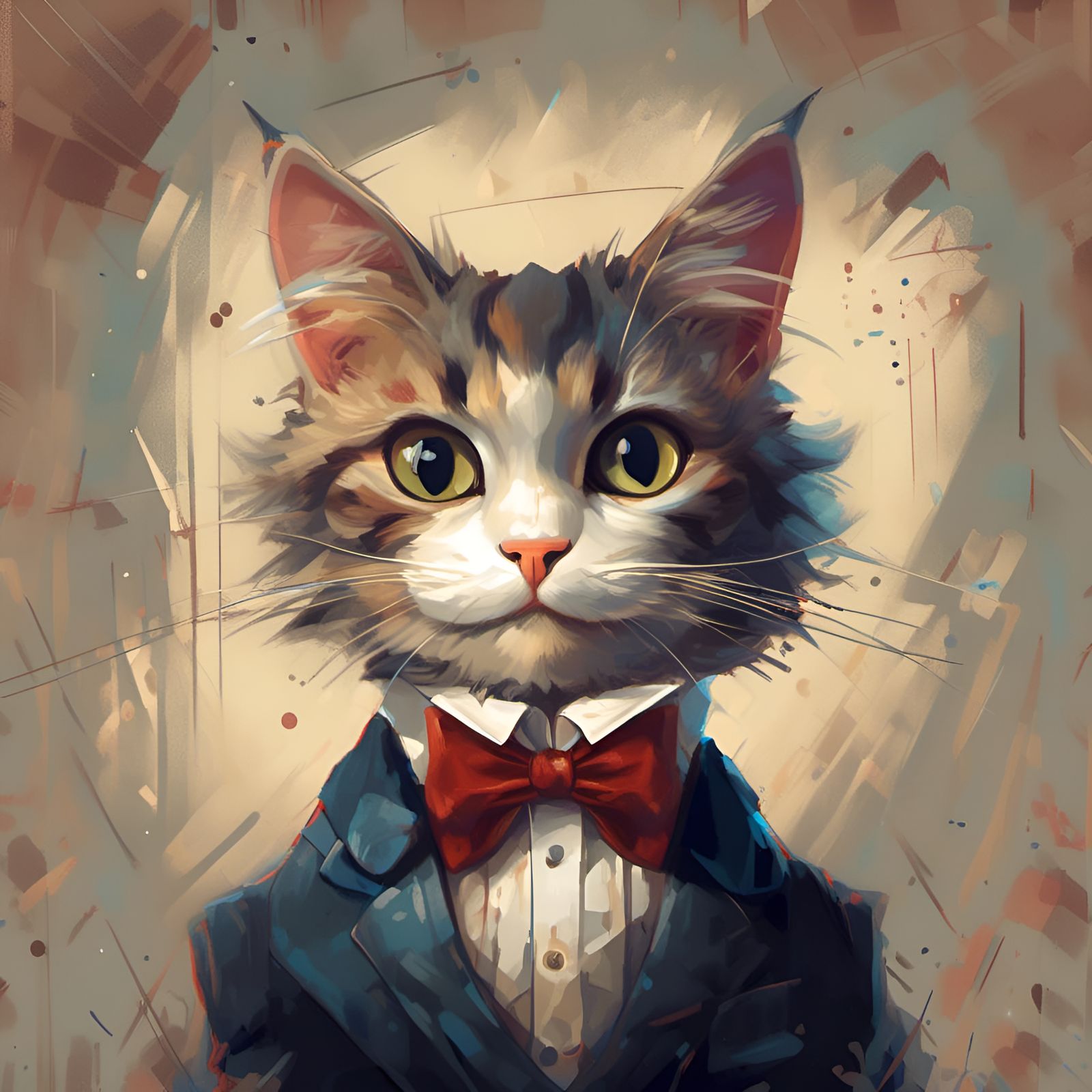Adorable Cat Portrait in Tuxedo, Digital Illustration
