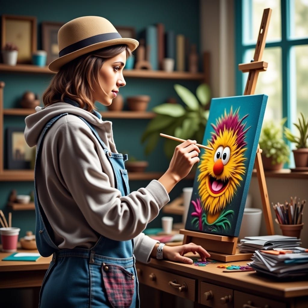 Painterly Scene: Artist at Easel with Colorful Canvas