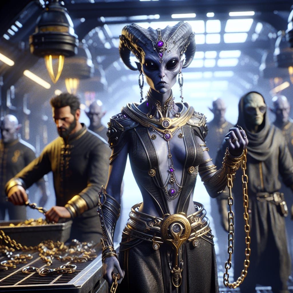 Alien Oracle with Chained Horns in Sci-Fi Mine