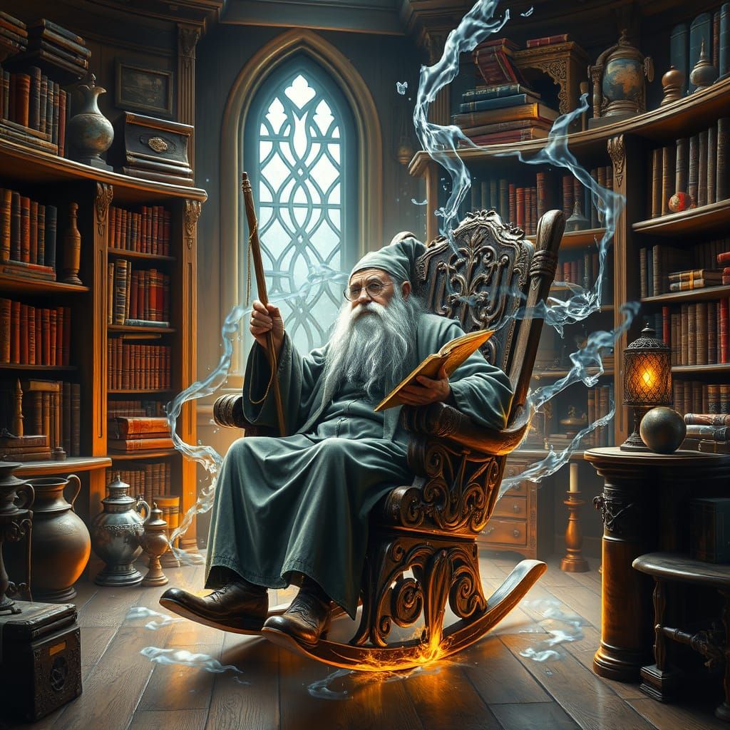 Wizard in Study with Water Rocking Chair, Genre Painting