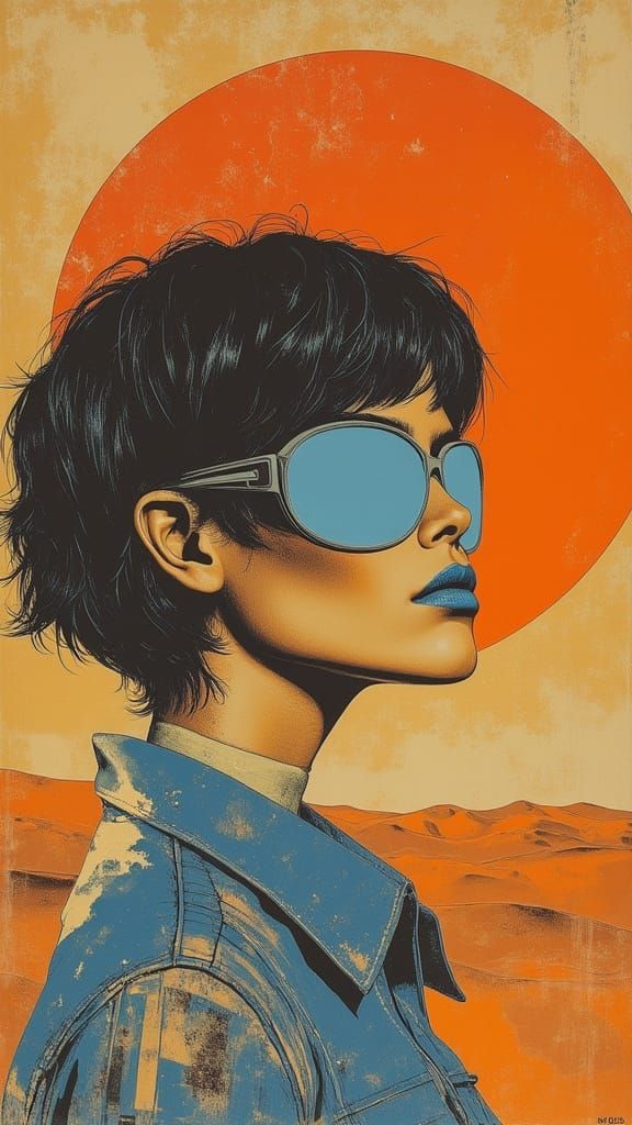 Vintage Portrait of a Blue-Haired Woman in Desert