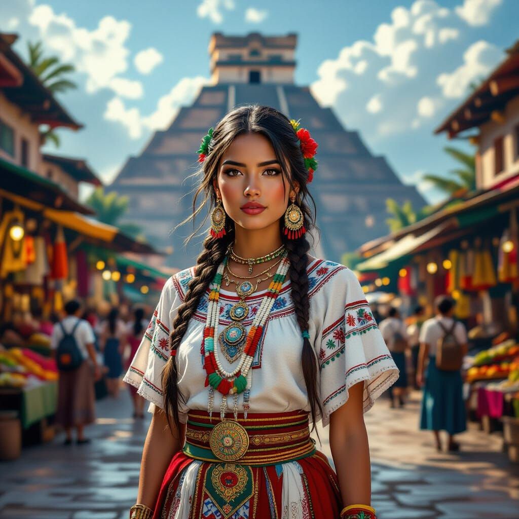Aztec Woman in Tenochtitlan Market: Photorealistic Style