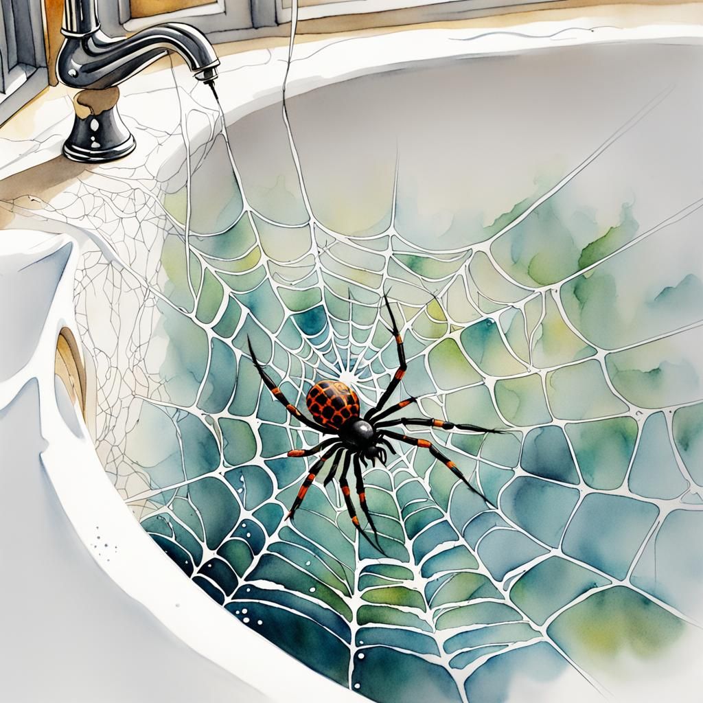 Spiderweb Between Bath Taps in Watercolour Style