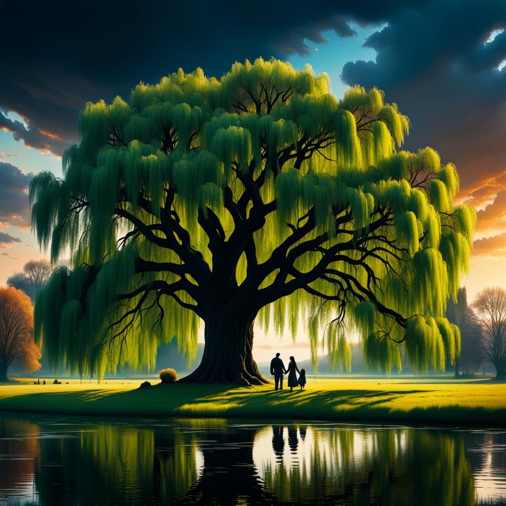 Couple Silhouette Under Willow Tree: Digital Matte Painting