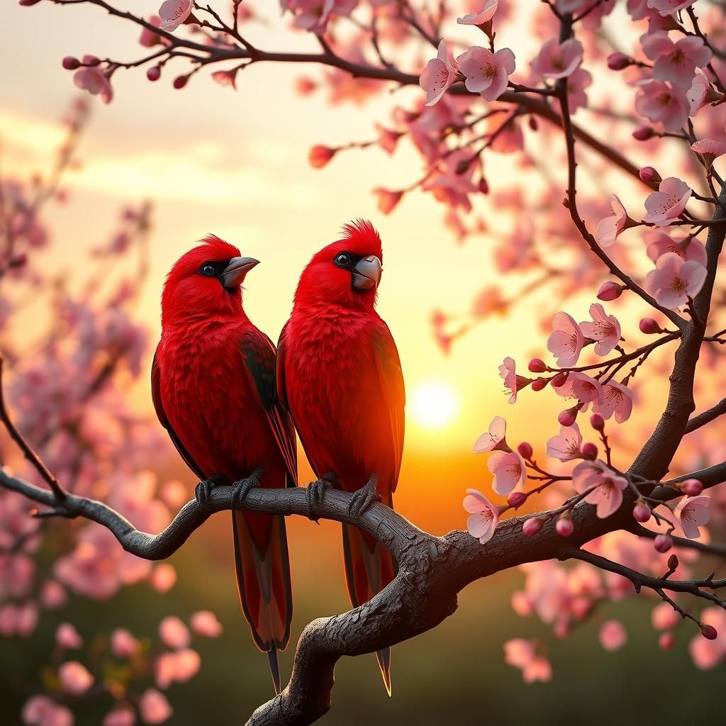 A couple of male and female crimson rosella sitting on the b...
