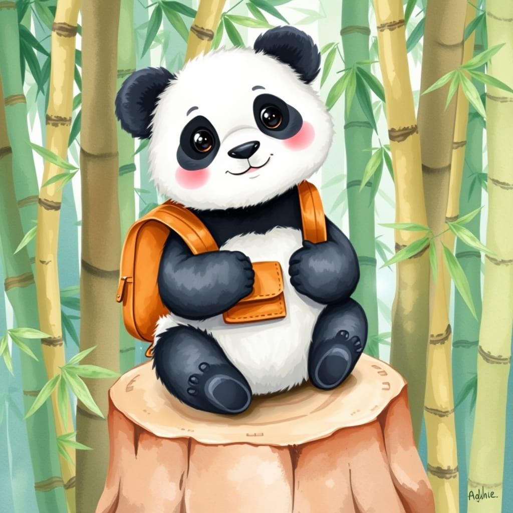 Panda with Backpack in Watercolor Style
