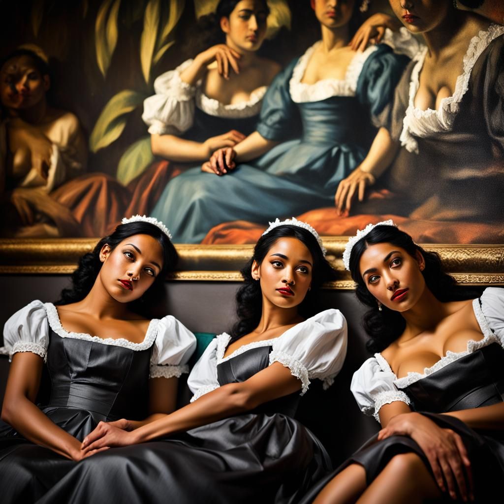 Tahitian Maids Relaxing Before Mural, Realistic Portrait