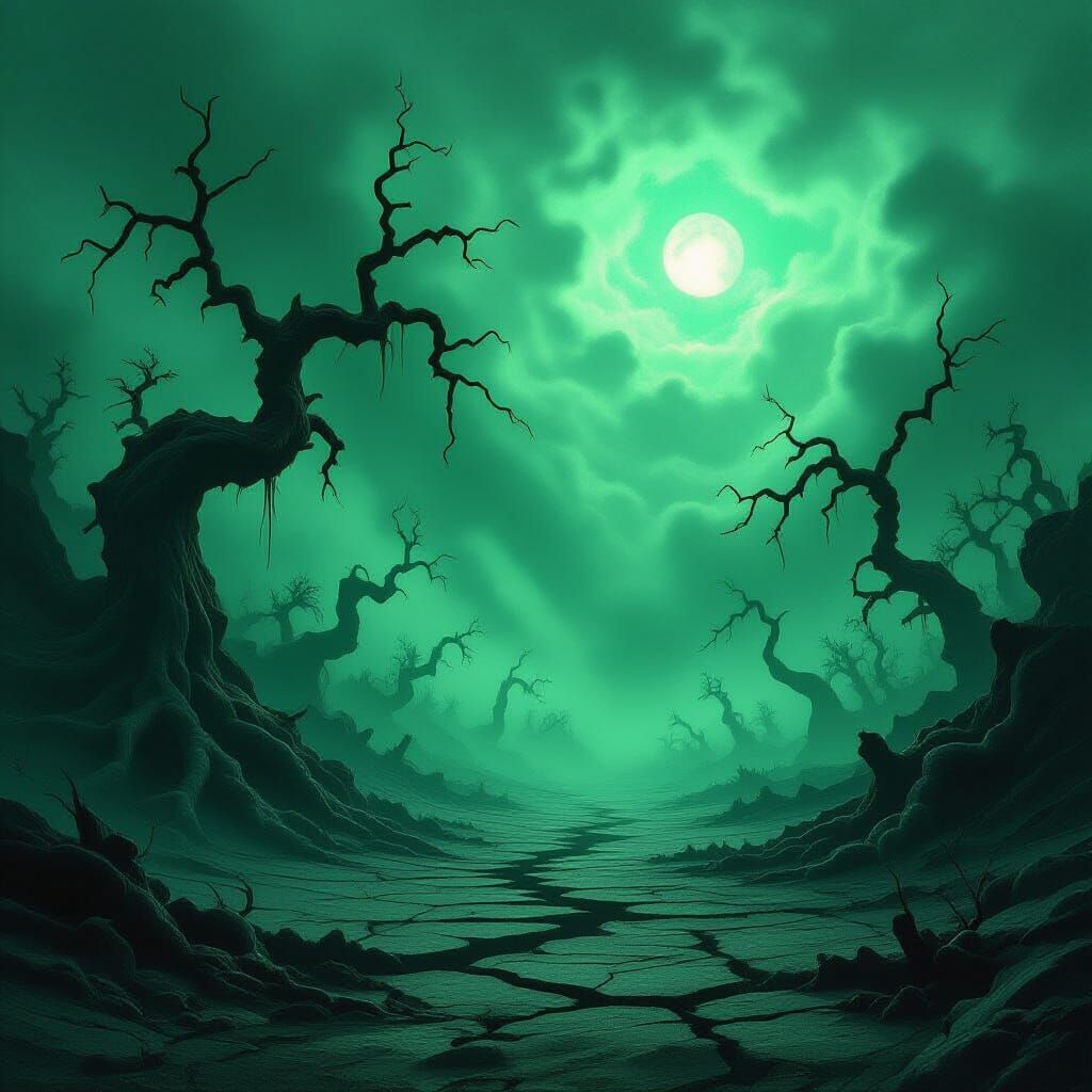 Eerie Green Landscape in Dark Fantasy Style