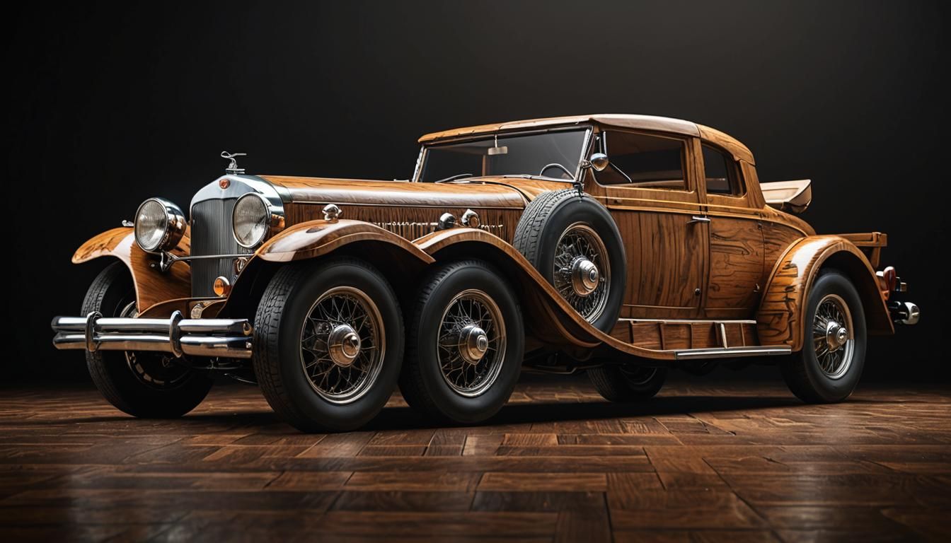 Giant Teak Oldtimer Car in Hyperrealistic Style