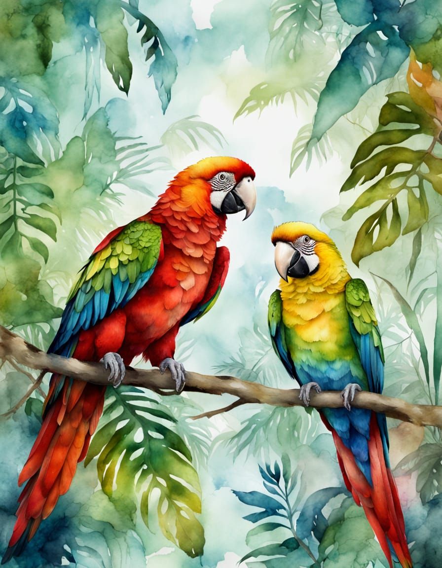 Colorful Parrots in Amazon Jungle: Watercolor Painting
