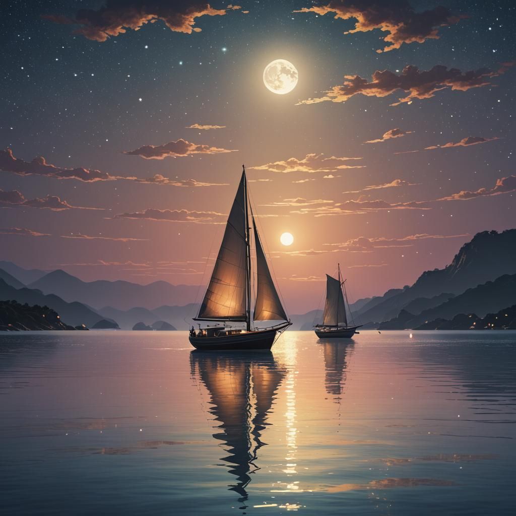 Lone Sailboat on Moonlit Waters at Sunset