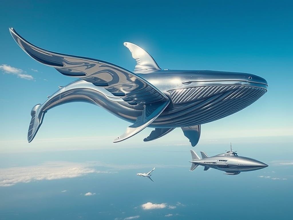 Giant Chrome Whale Soars Through a Dreamlike Sky