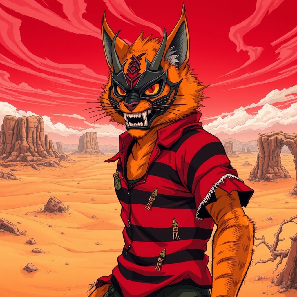 Anthropomorphic Cat with Oni Mask in Anime Style