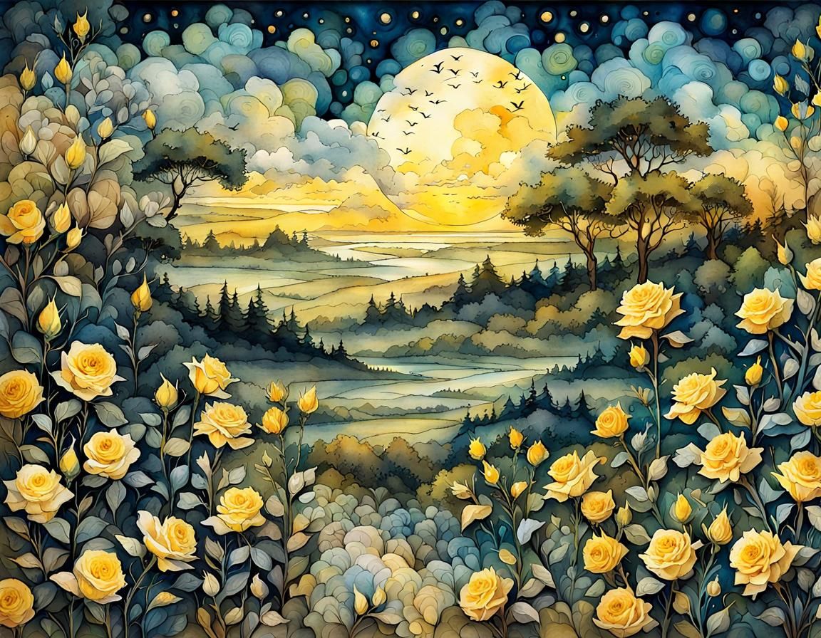 Yellow Roses Scrapbook Page, Watercolor and Ink