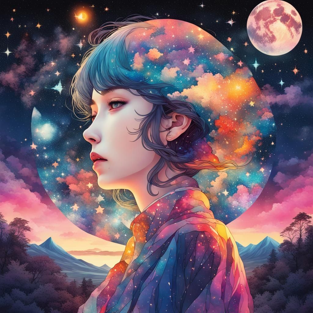 Night Princess Double Exposure Collage in Manhwa Style